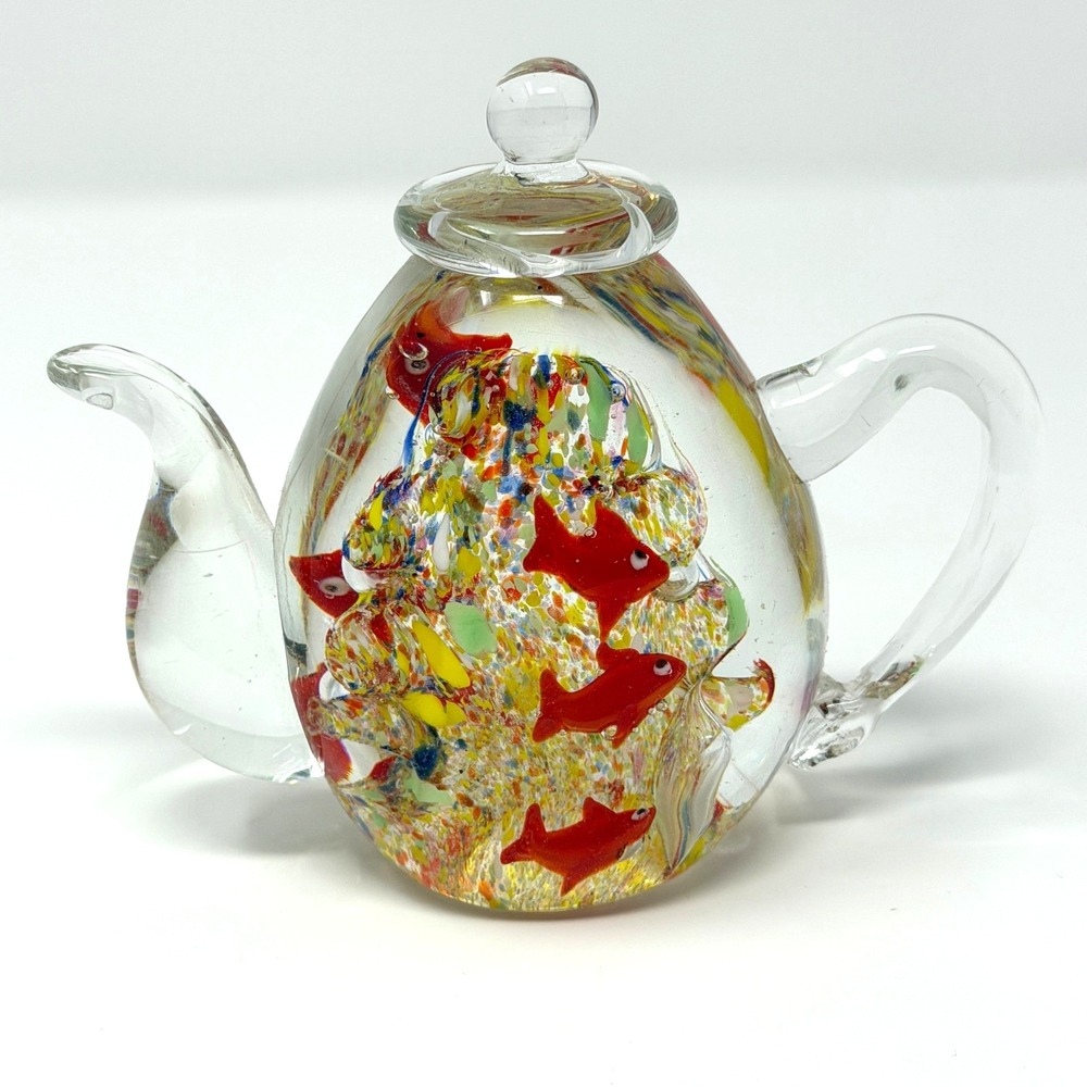 Dynasty Gallery Gold Fish Teapot Paperweight‎ Heirloom Art Glass Red 3.5 in